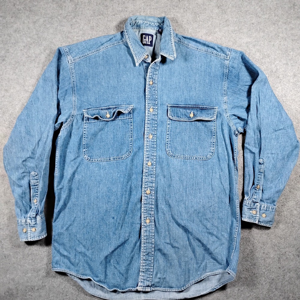 Vintage GAP Blue Denim Button Up Shirt Mens Medium Long Sleeve Workwear Cotton